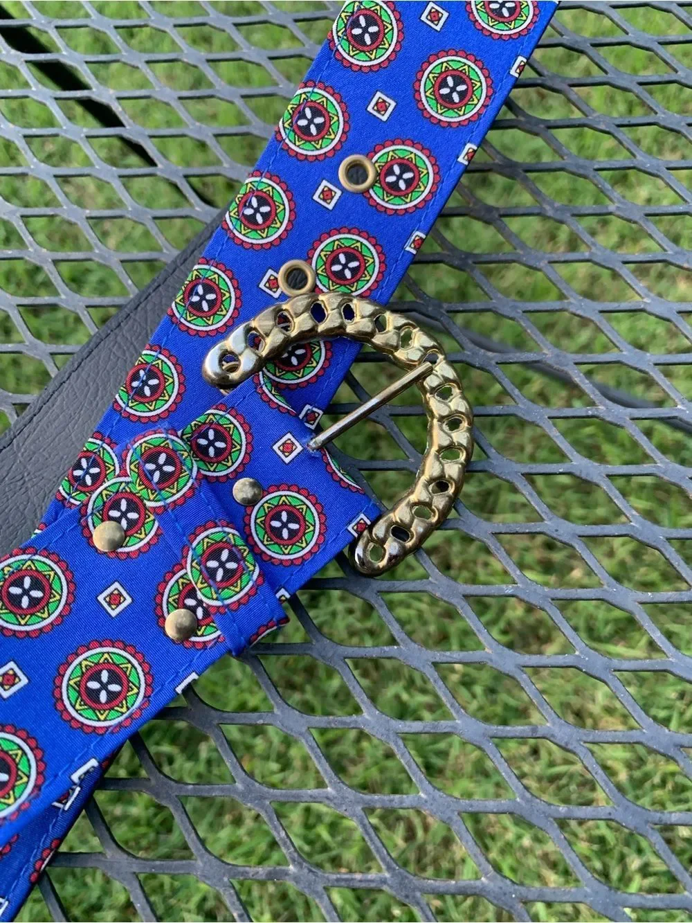 Vintage Blue Patterned Belt with Gold Chain Buckle
